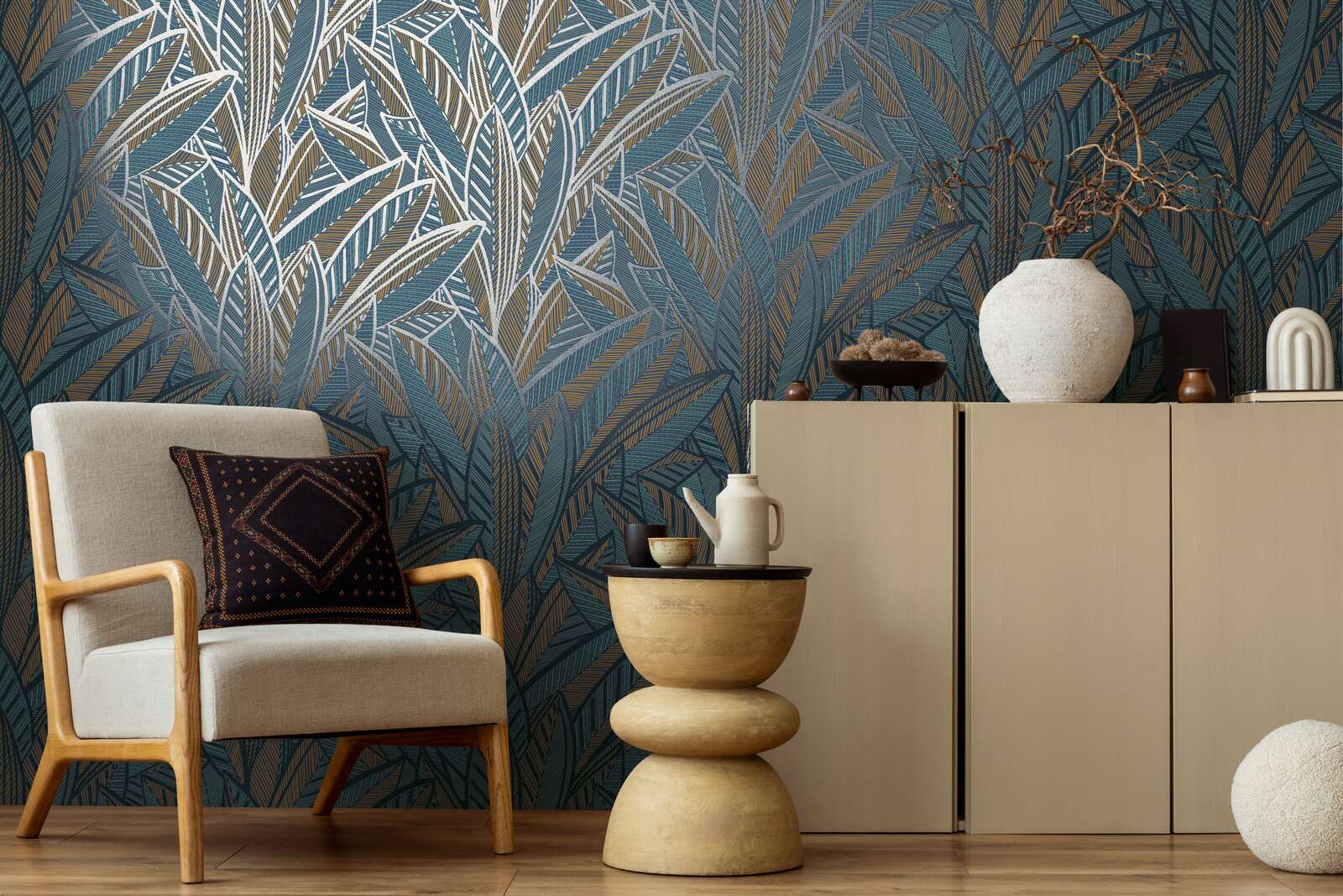             Palm leaves non-woven wallpaper with a jungle feel and glossy accents - blue, green, yellow
        