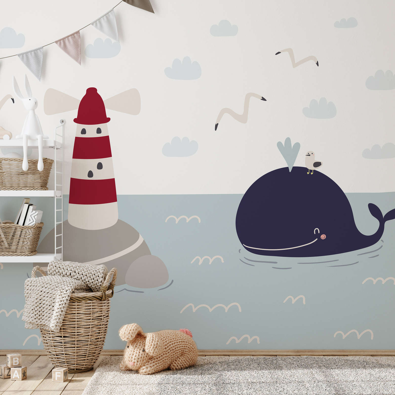             Papel pintado para habitación infantil con faro y ballena - Material sin tejer liso y opaco
        