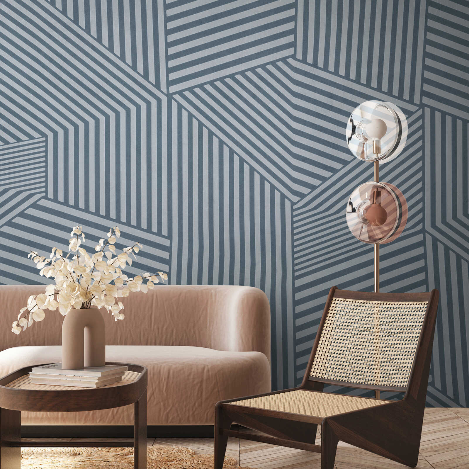 Modern photo wallpaper with graphic stripe design as non-woven wallpaper - blue, grey
