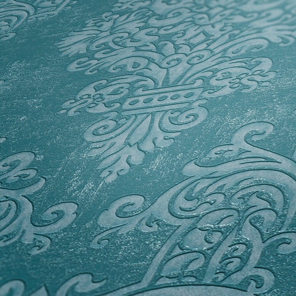             Non-woven wallpaper with ornaments and a shiny metallic effect - blue, turquoise
        