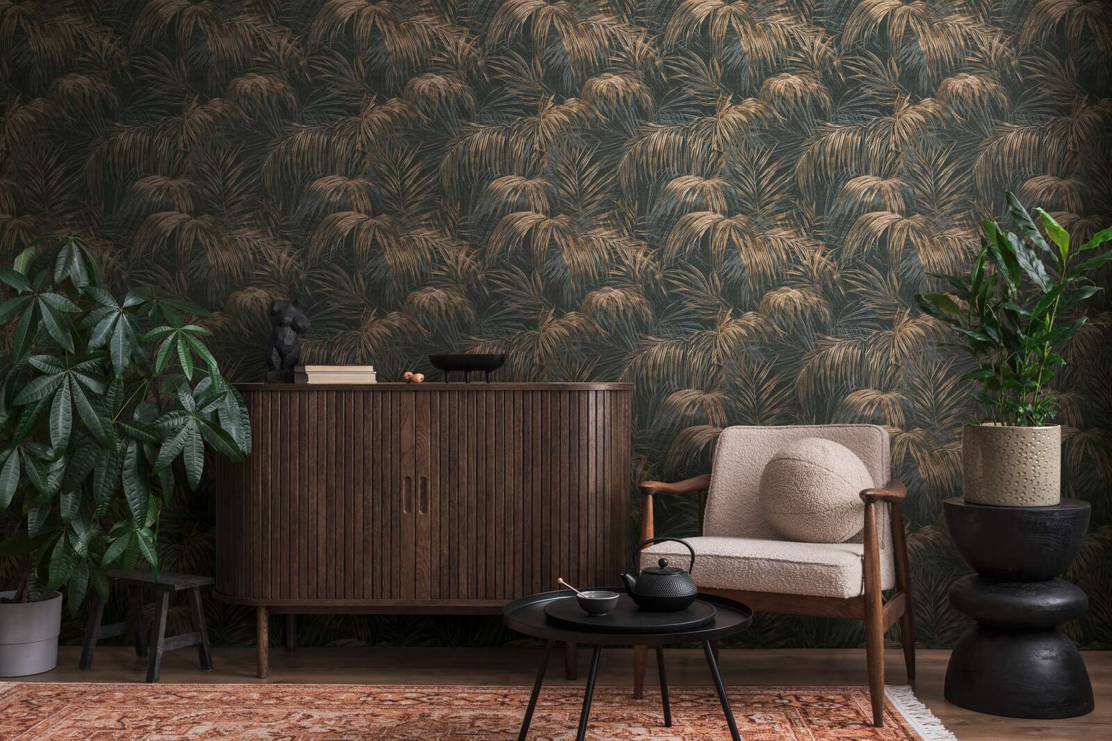             Magnificent non-woven wallpaper in palm tree look - black, beige, brown
        