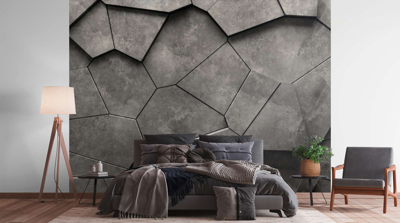             Powerful 3D photo wallpaper with concrete polygon pattern as non-woven wallpaper - black, anthracite, grey
        