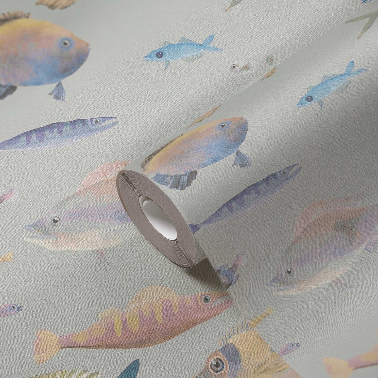             Papel pintado no tejido con peces de mar en diseño marítimo - gris, multicolor, morado
        