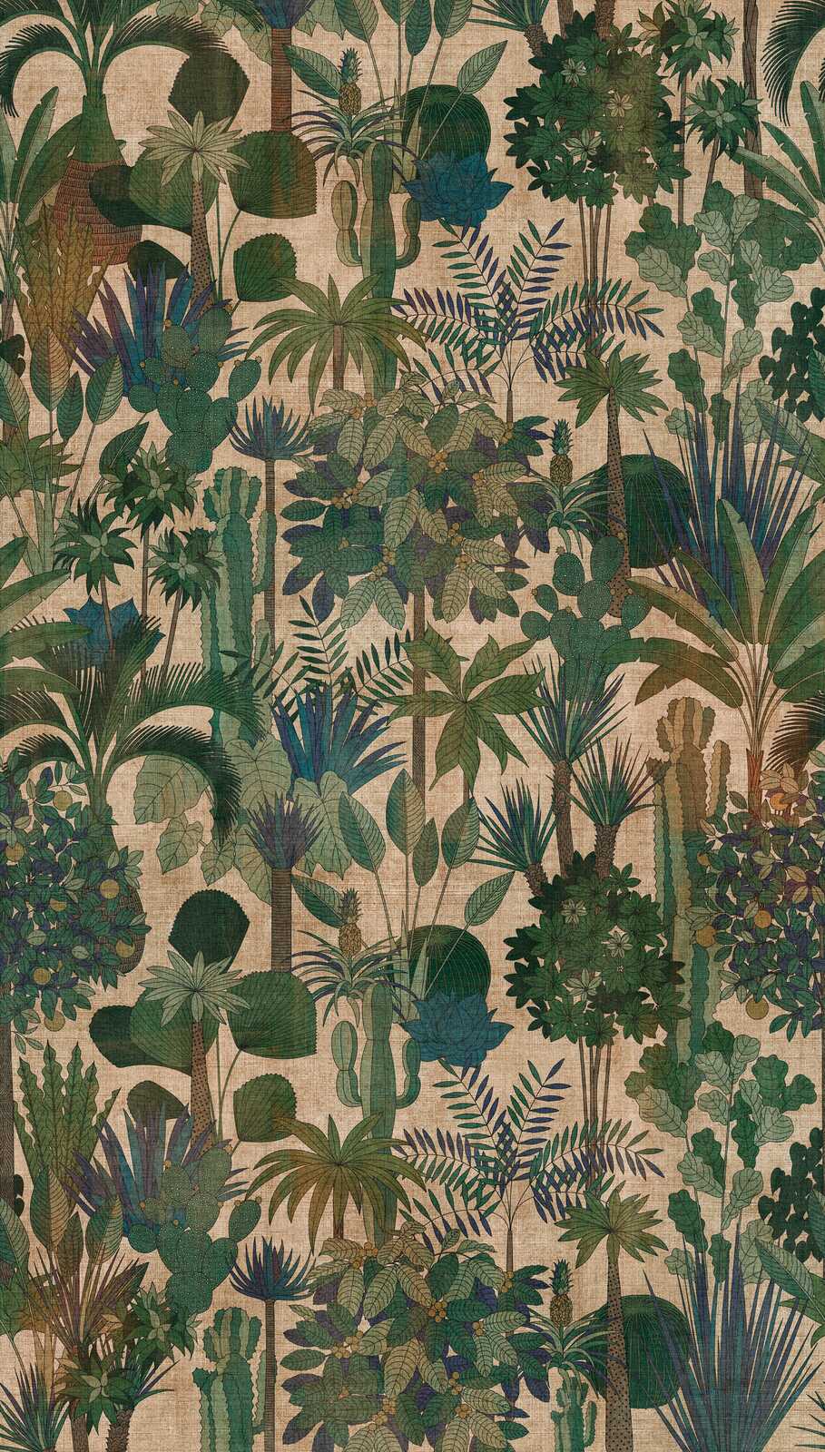             Papel pintado selva no tejido con motivos vegetales tropicales de aspecto vintage - verde, beige, marrón
        