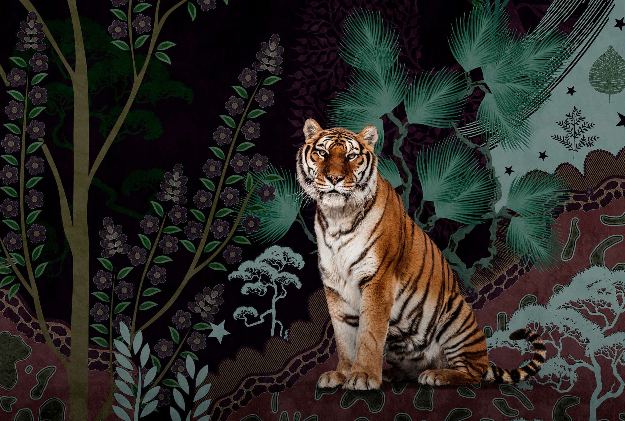             Fotomural »khan« - Motivo abstracto de jungla con tigre - Tela no tejida con textura ligera
        