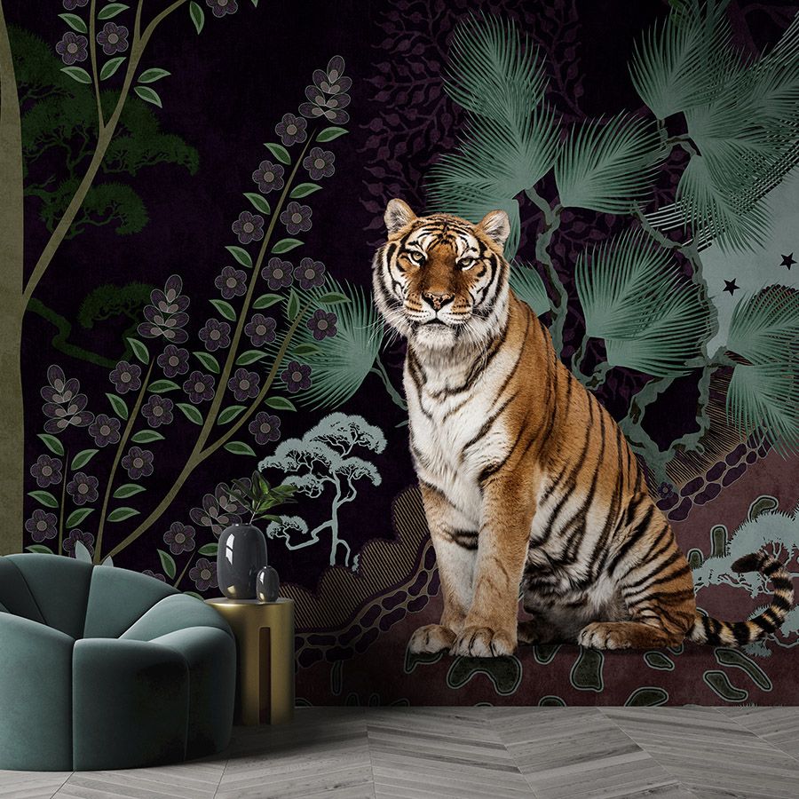 Fotomurali »khan« - Motivo astratto della giungla con tigre - Materiali non tessuto liscio e leggermente perlato
