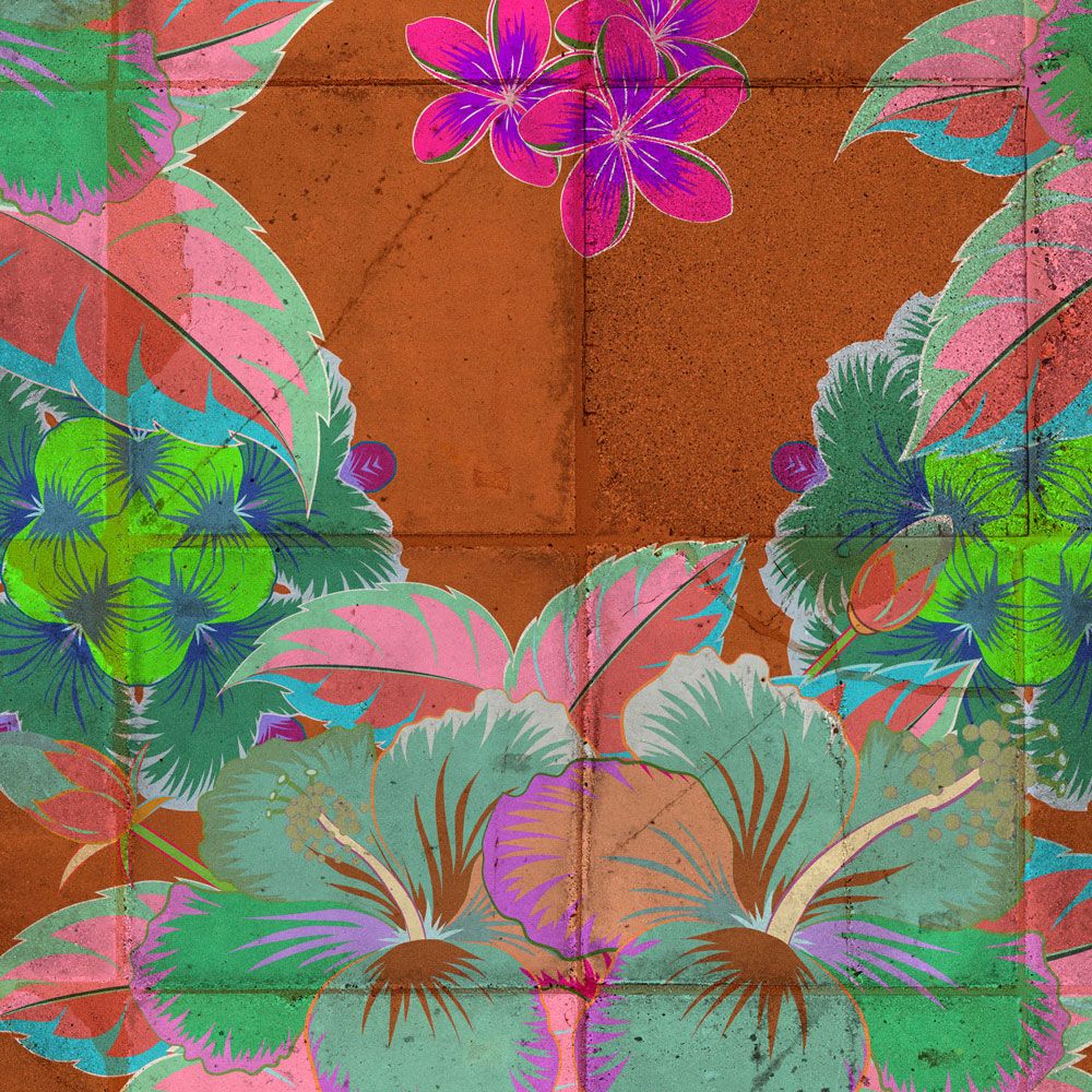             papier peint en papier panoramique »pierre« - dessin de feuilles avec effet kaléidoscopique sur structure de carreaux de béton - intissé lisse, légèrement nacré
        