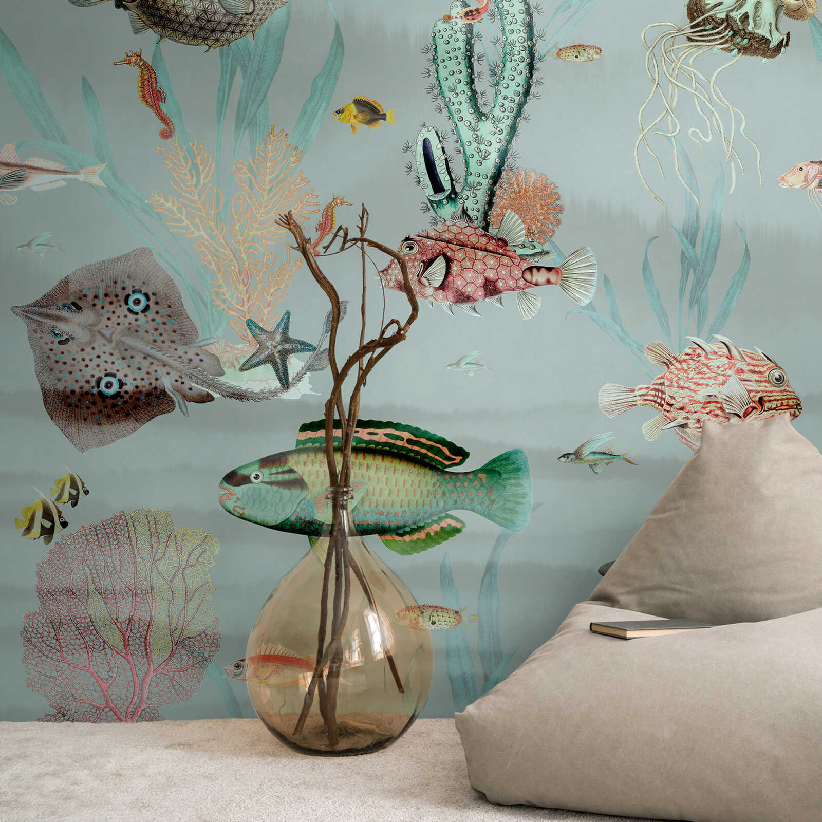 Non-woven wallpaper underwater world with fish and plants and a large-scale pattern repetition - blue, colourful, pink
