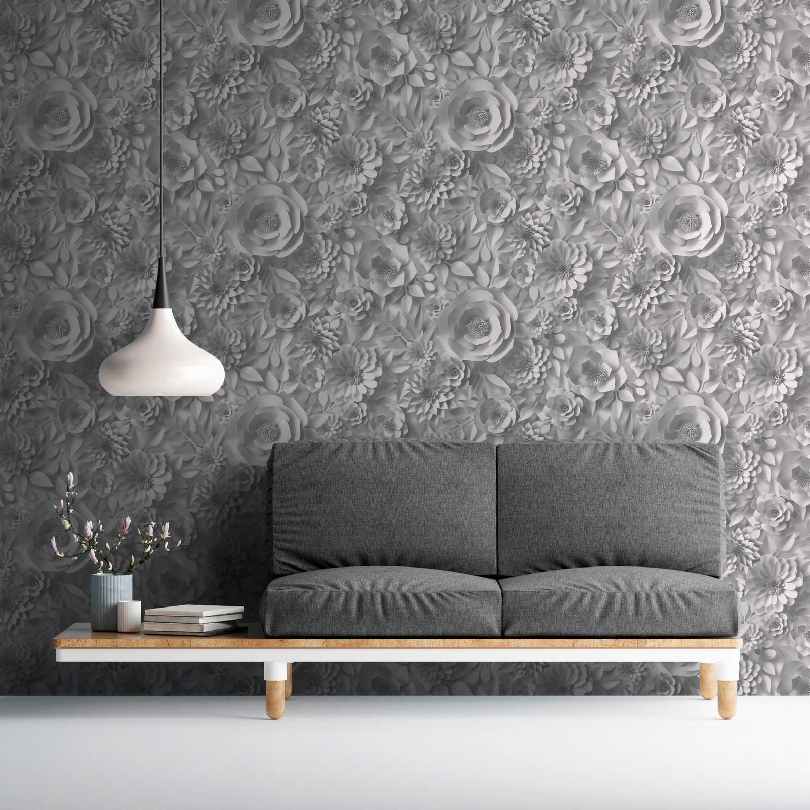             3D wallpaper with paper flowers, graphic floral pattern - white
        