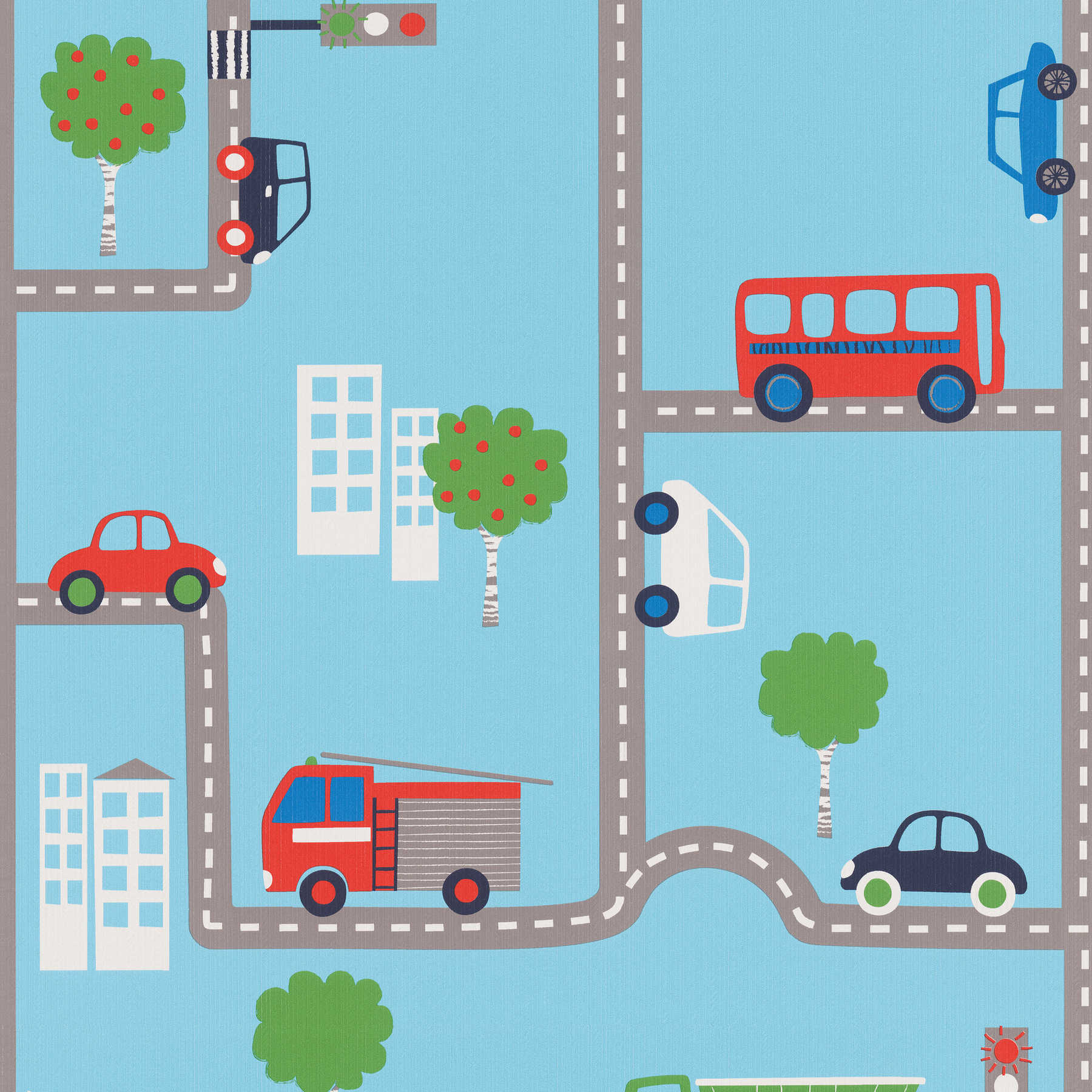         Nursery paper wallpaper with cars & roads in cartoon style - Colorful, Blue
    