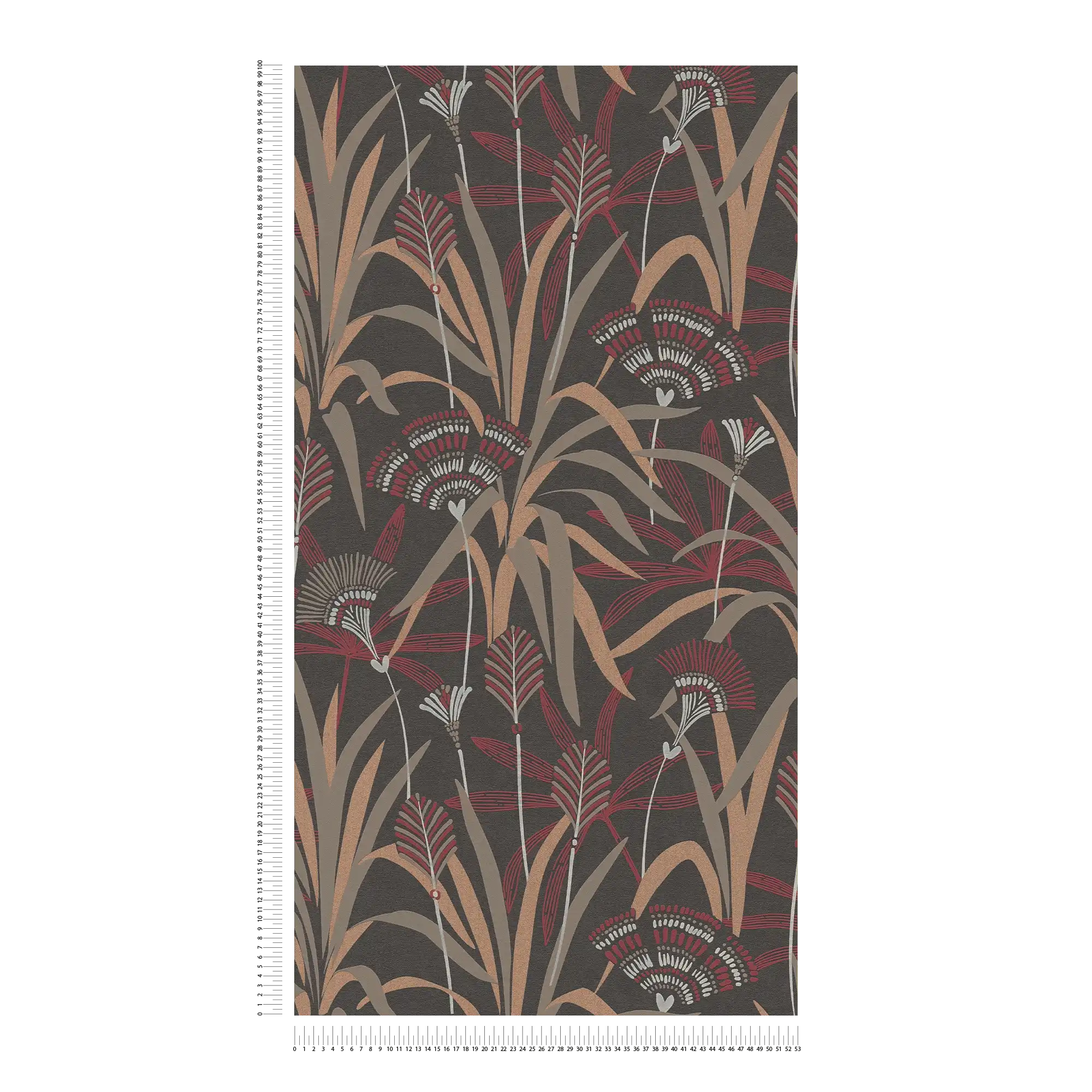             Non-woven floral wallpaper in a graphic design - metallic, black, red
        