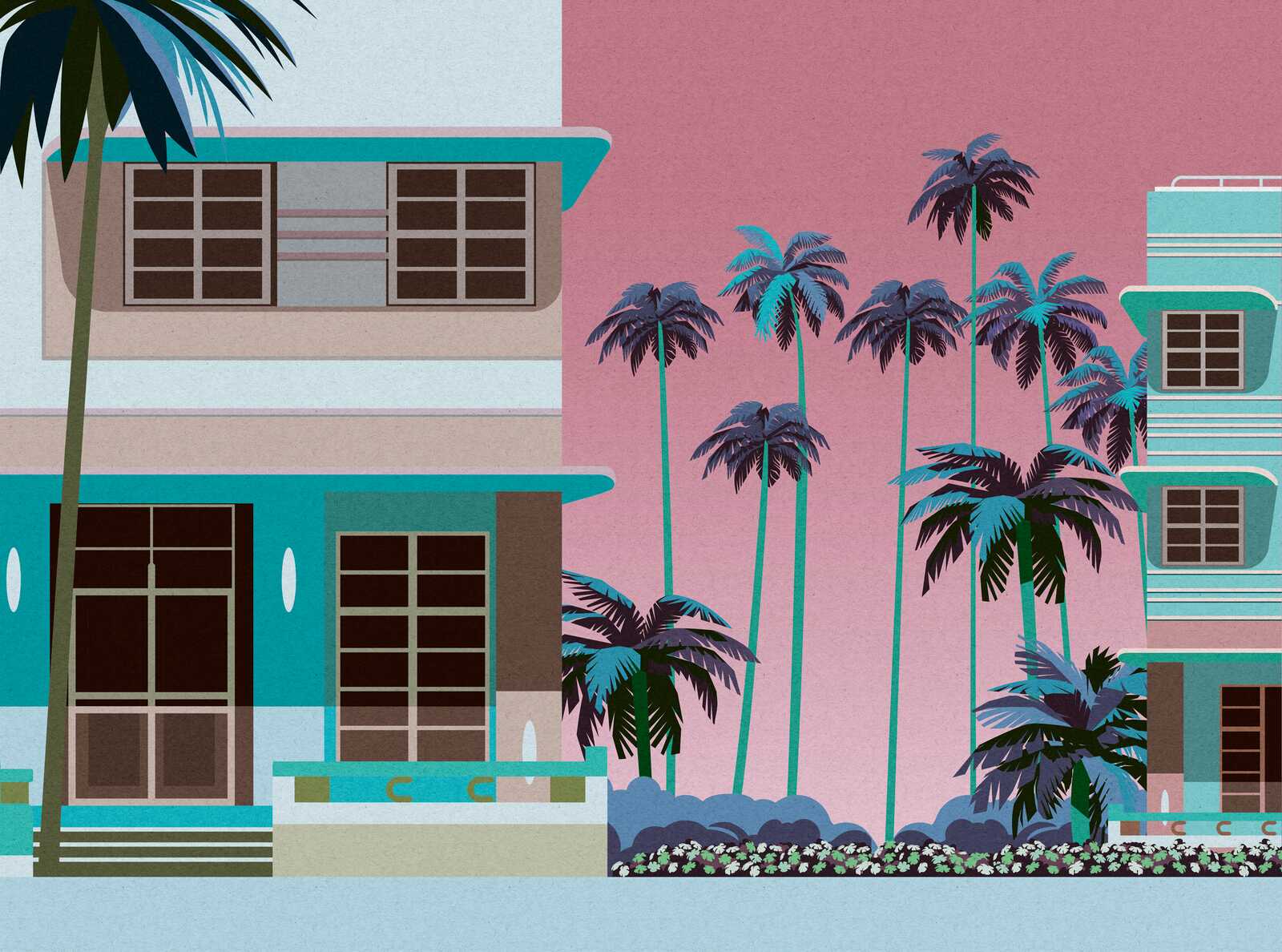             Retro mural "Miami" with colourful buildings and palm trees against a sunset as non-woven wallpaper - blue, pink, brown
        