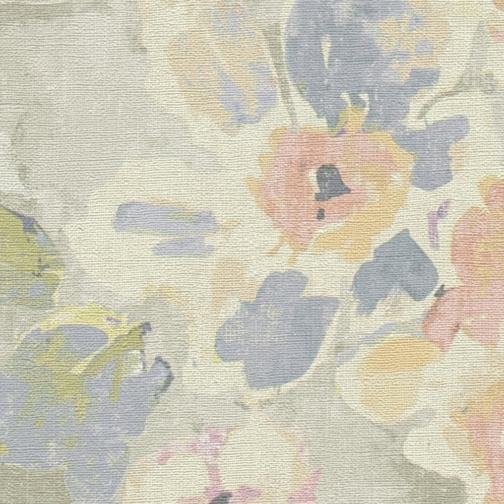             Non-woven floral wallpaper in watercolour and vintage look - colourful, grey, pink
        