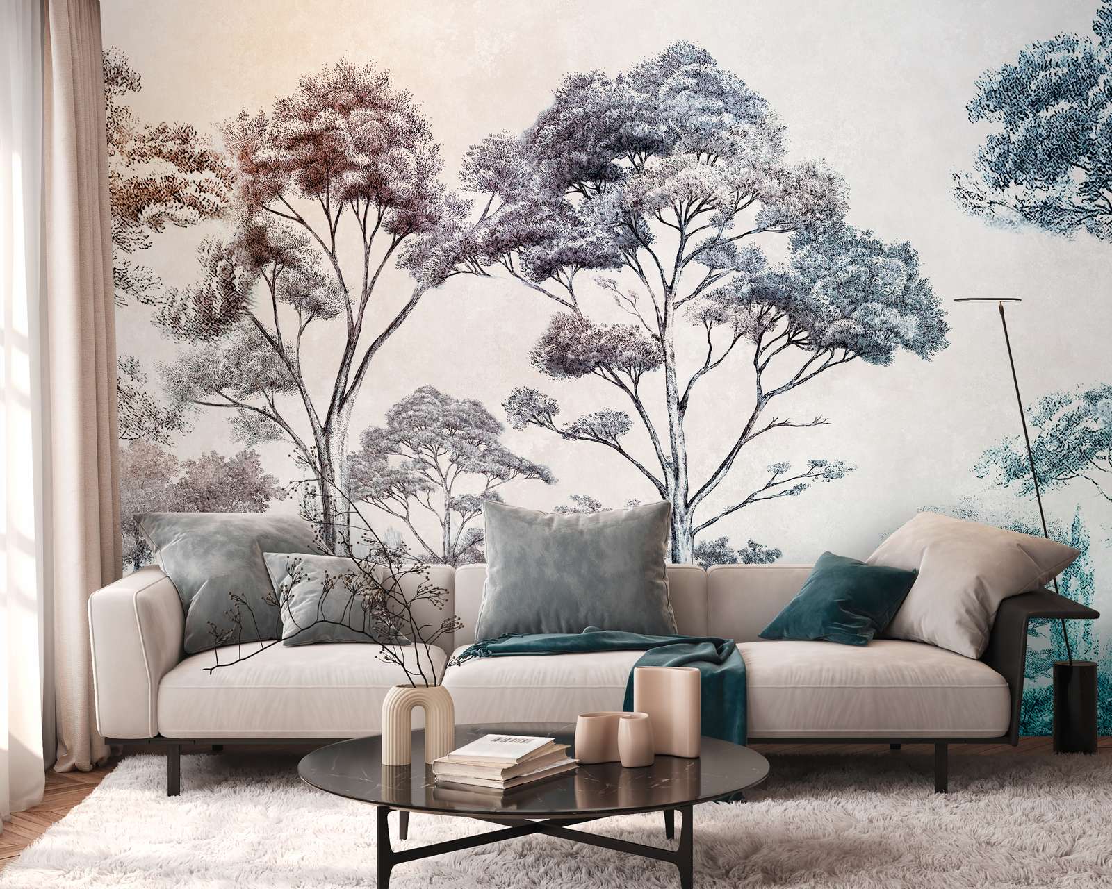             Elegant forest motif photo wallpaper with colour gradient as non-woven wallpaper - colourful, cream, blue
        