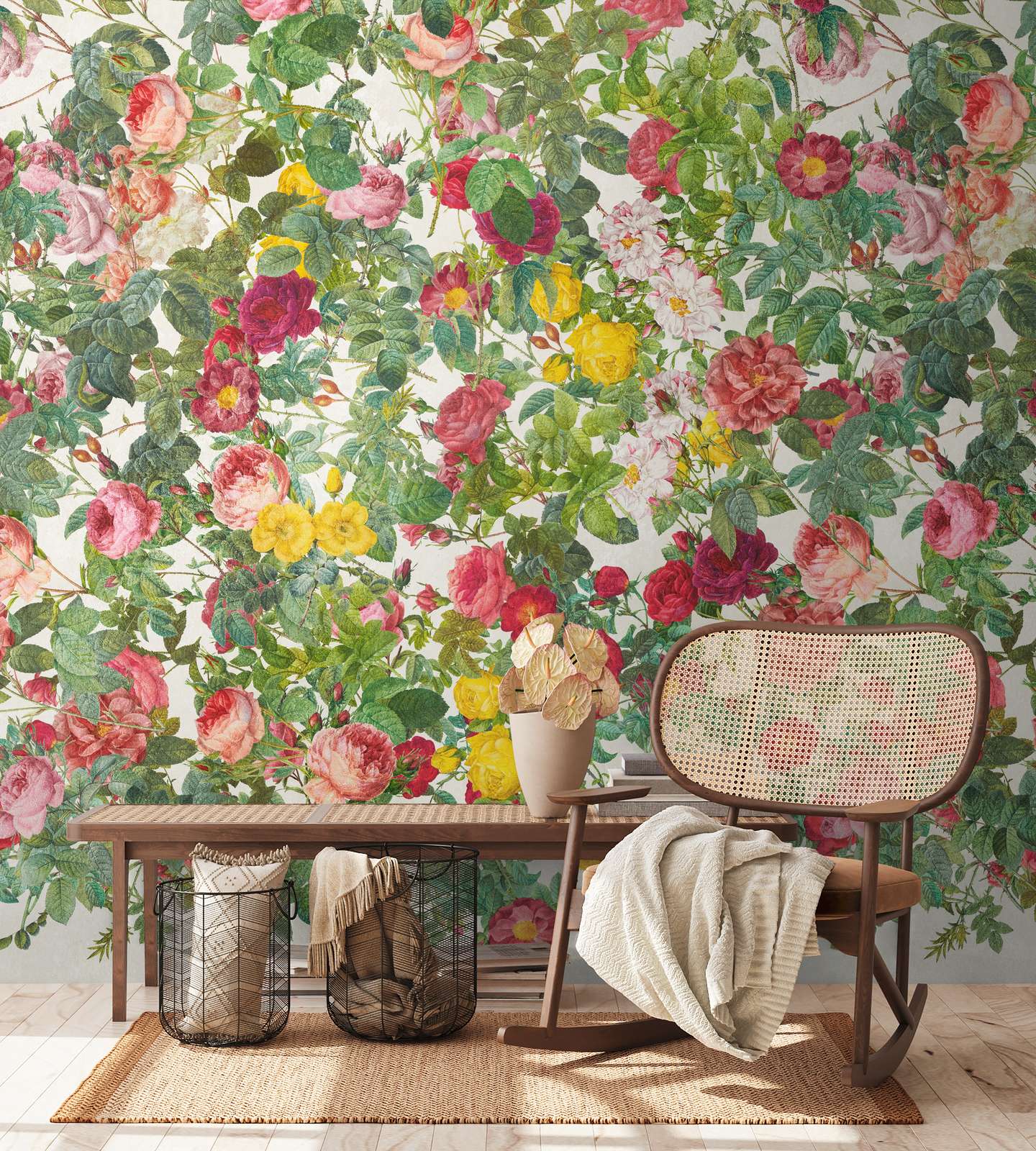             Sea of flowers Non-woven wallpaper with lush roses and blossoms in bright colours and a large-scale pattern repetition - green, pink, red
        