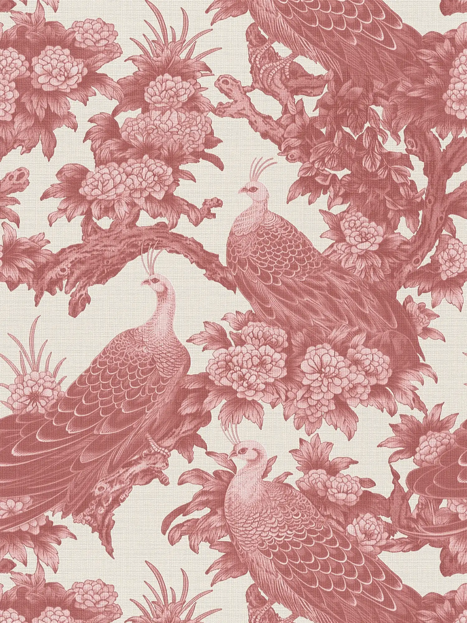 Non-woven wallpaper in English country house style with birds - red, cream, pink
