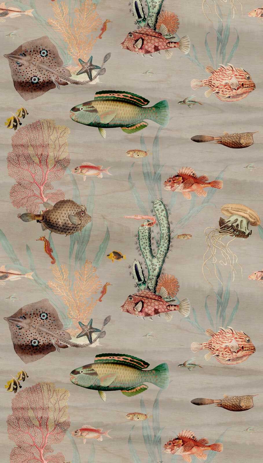             Aquarium papier peint intissé avec plantes, poissons et une répétition de motifs à grande échelle - multicolore, gris, rose
        