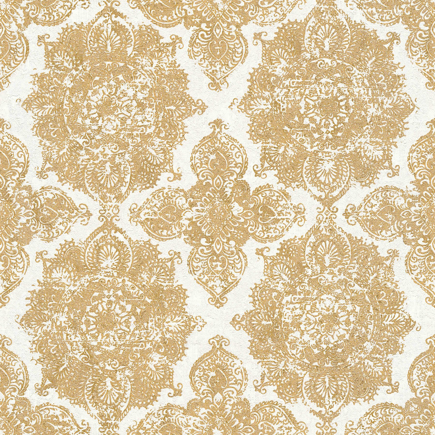 Wallpaper boho style, floral ornament in used look - gold, white
