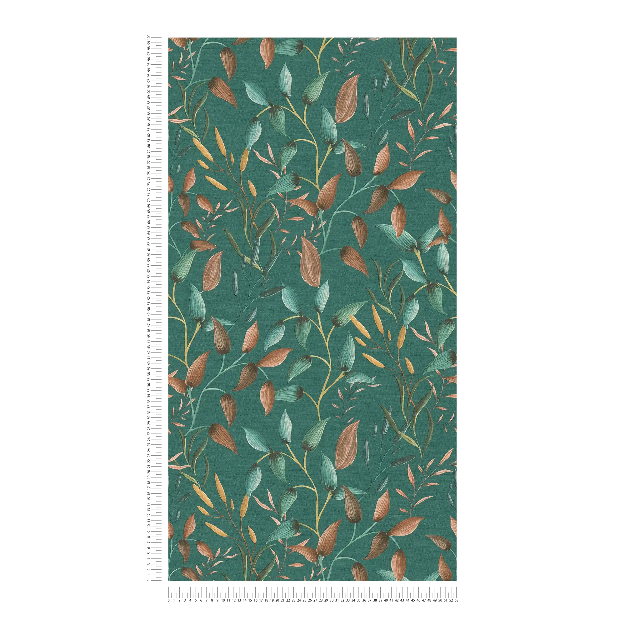             Non-woven floral wallpaper with tendril motif - green, petrol, orange
        