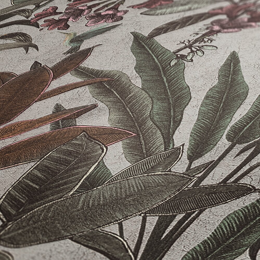             Non-woven wallpaper jungle with parrot in vintage design - green, cream, pink
        