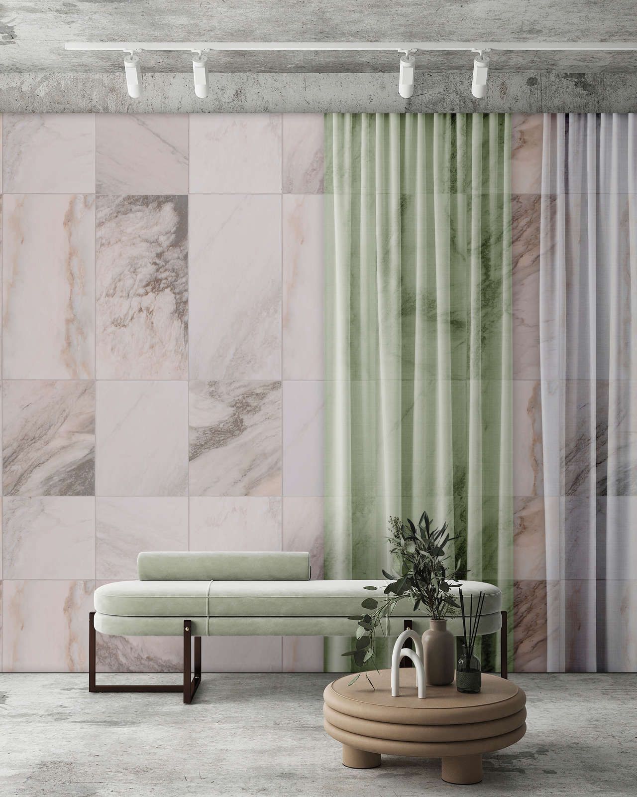             papier peint en papier panoramique »nova 2« - rideaux pastel sur mur de marbre beige - intissé mat et lisse
        