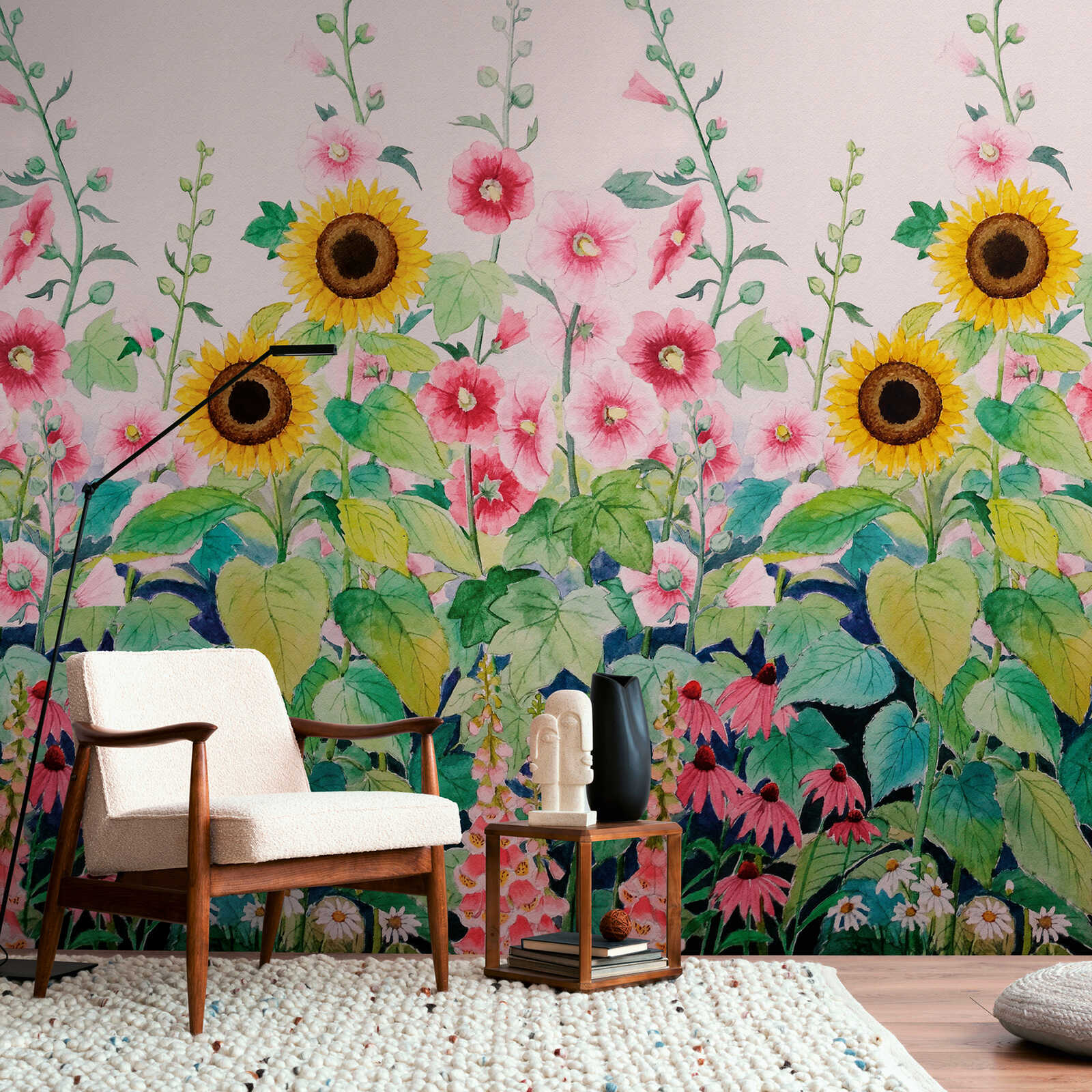             Papel pintado tejido-no tejido pradera de flores coloridas con girasoles y una repetición de motivos a gran escala - rosa, verde, amarillo
        