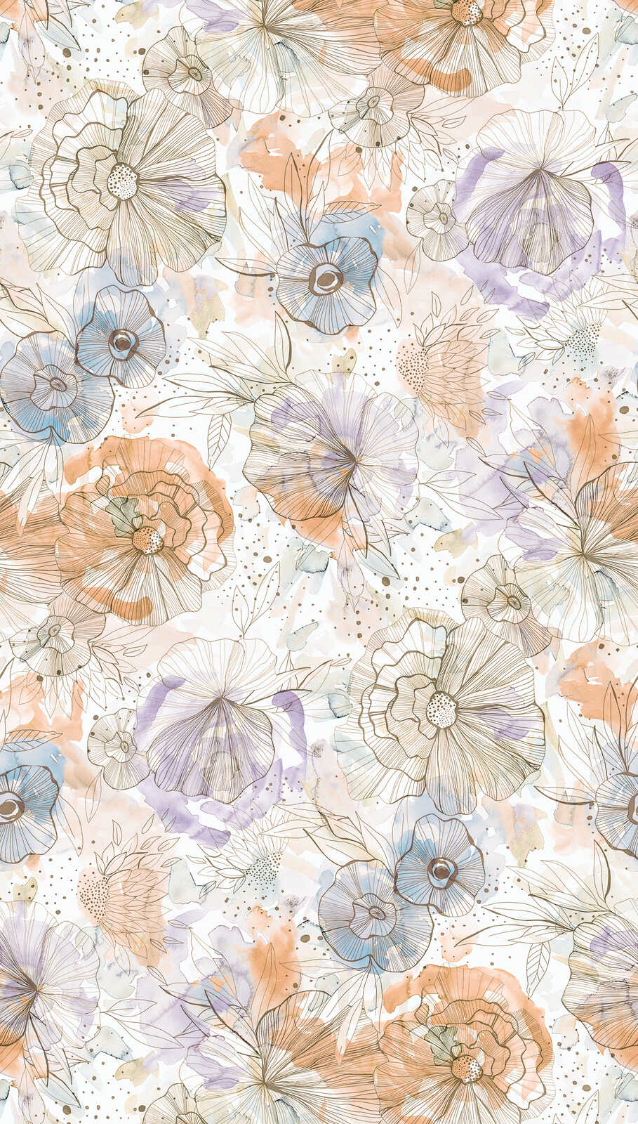             papier peint en papier à motifs XXL avec fleurs et pétales en aquarelle - beige, orange, bleu
        