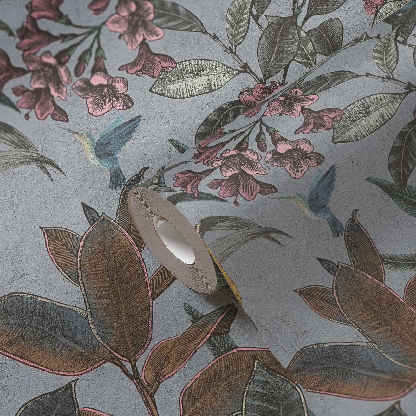             Non-woven wallpaper jungle with cockatoo in vintage look - grey, blue, green
        