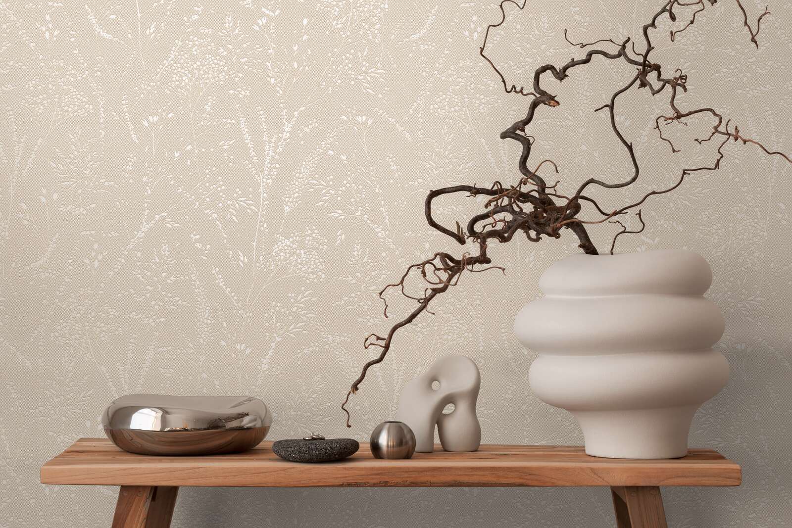             Glittering non-woven wallpaper with filigree tendrils and leaves - brown, beige, white
        