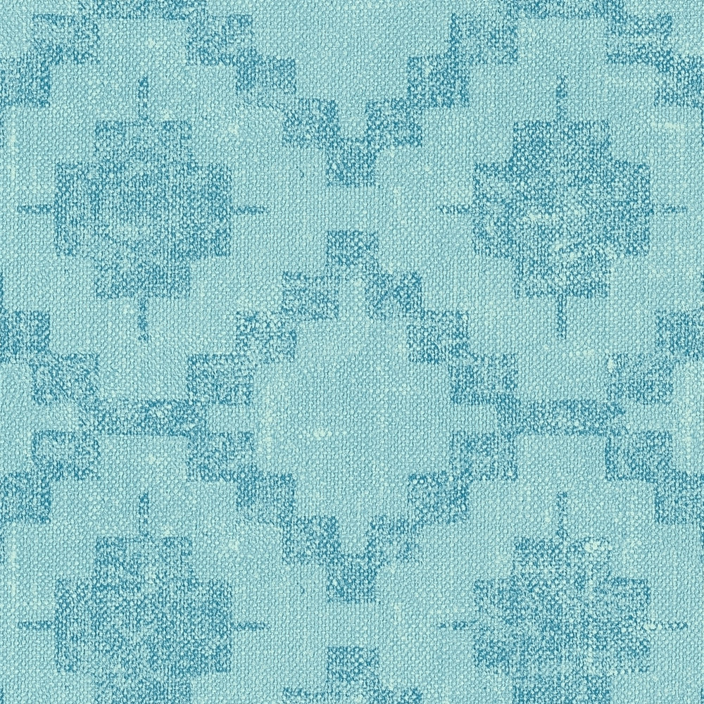             Non-woven wallpaper linen look with ethnic pattern - blue
        