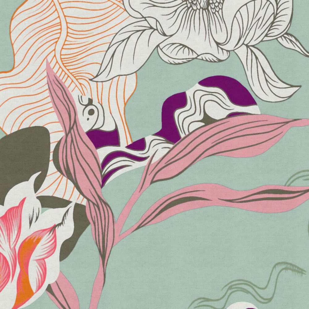             papier peint en papier panoramique »botany 1« - motifs floraux abstraits aux accents orangés sur fond de structure lin discrète - intissé lisse aux reflets légèrement nacrés
        