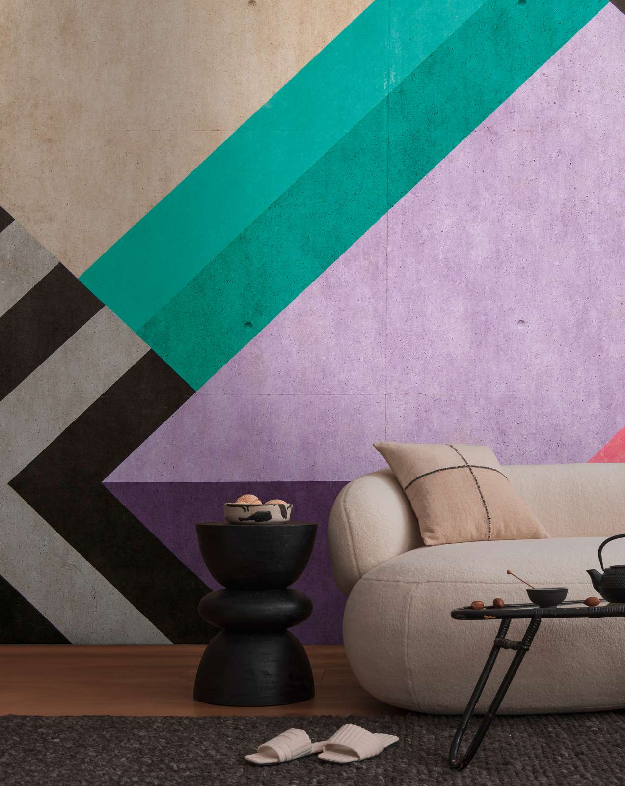             Graphic photo wallpaper with dynamic line textures as non-woven wallpaper - colourful, purple, black
        