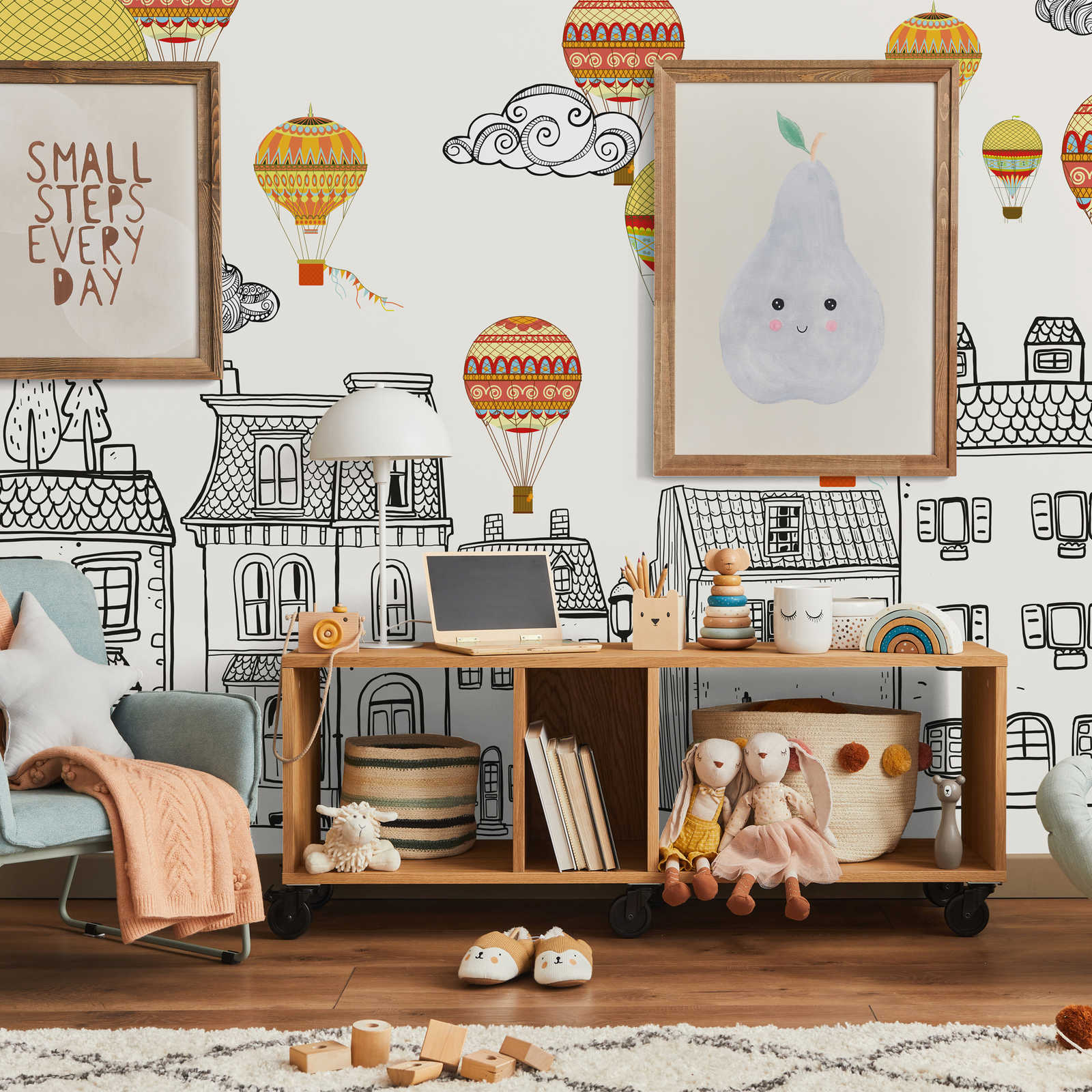 Small Town with Hot Air Balloons Wallpaper - Smooth & Light Gloss Non-woven
