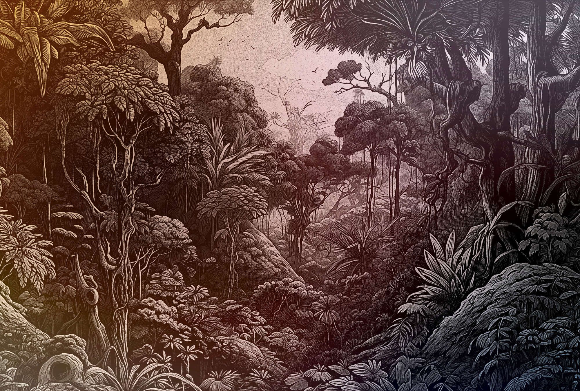             papier peint en papier panoramique »liana« - Style jungle avec dégradé de couleurs - orange, violet, vert de gris | Intissé lisse, légèrement nacré
        