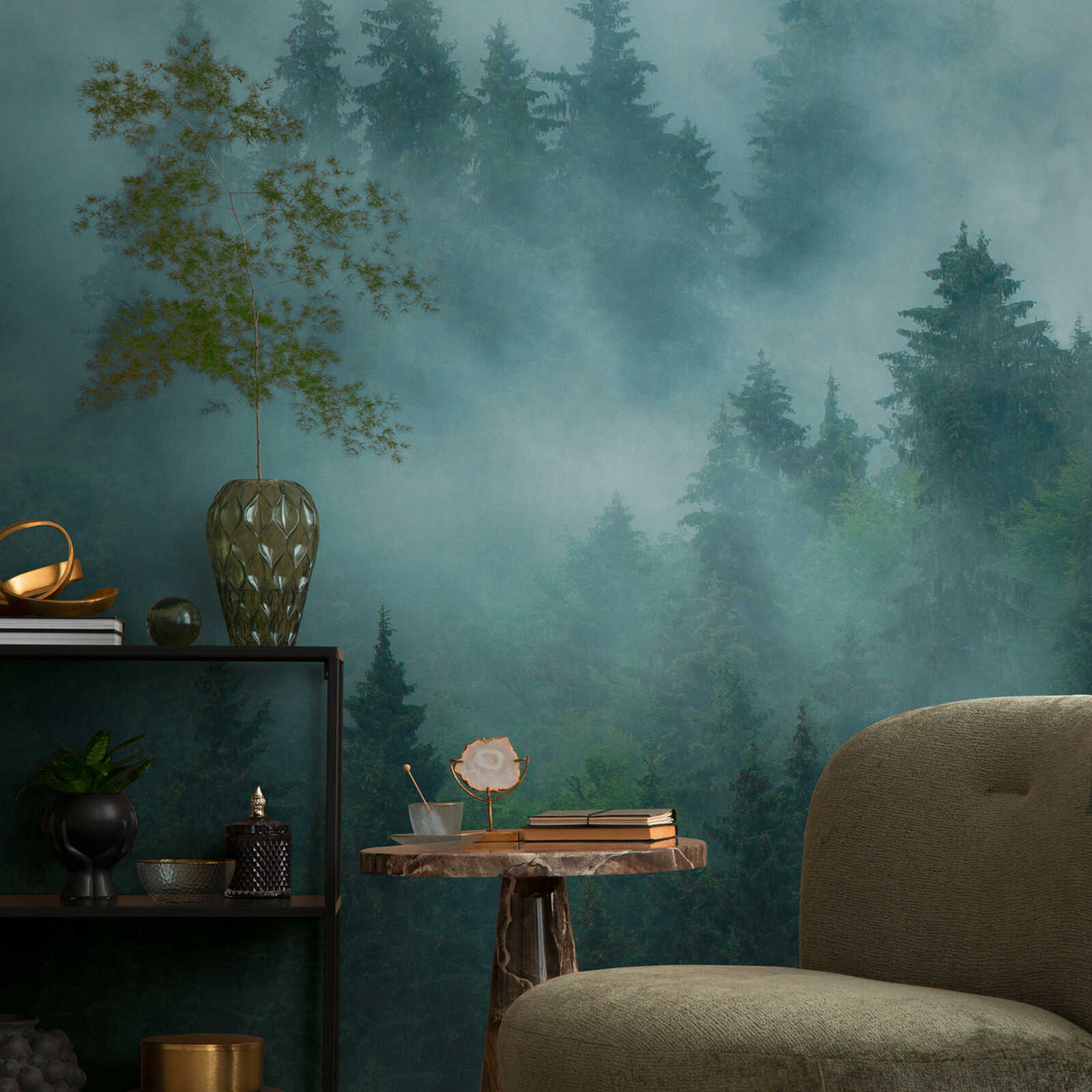         Non-woven wallpaper with mystical misty forest landscape - green, blue, petrol
    