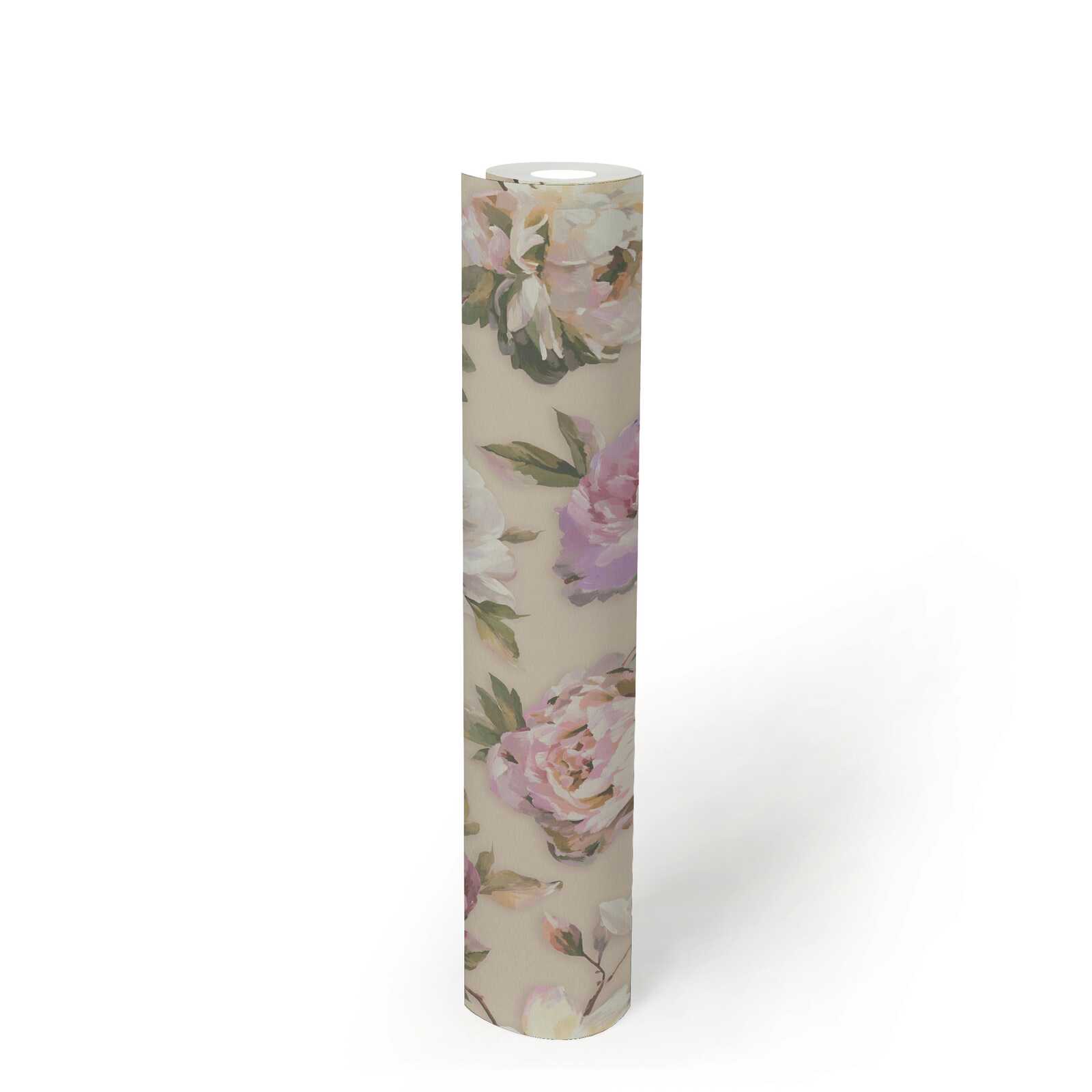             Non-woven wallpaper with picturesque rose petals in a watercolour look - violet, pink, green
        