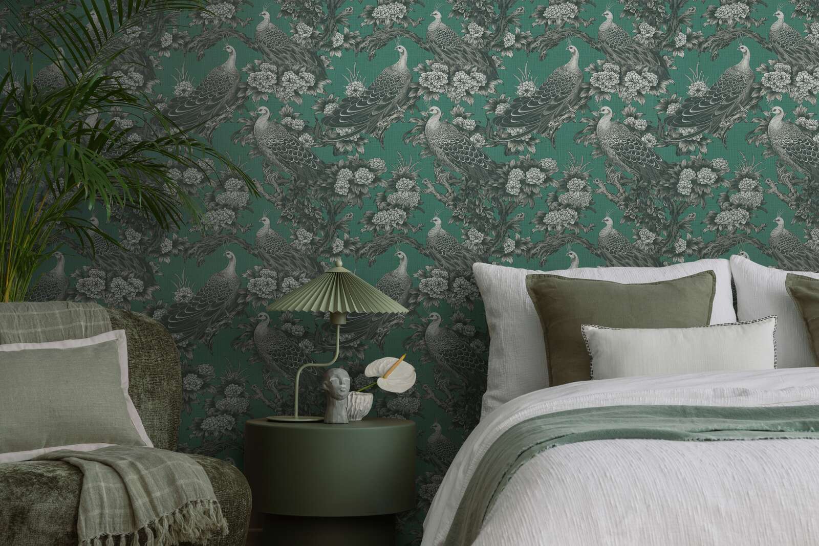             Floral pattern with birds in English country house style as non-woven wallpaper - grey, green, black
        