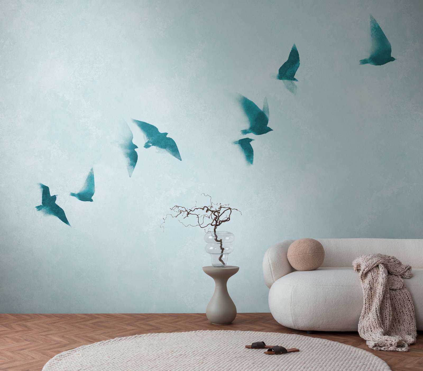             Calming photo wallpaper with flying birds in the sky as non-woven wallpaper - blue
        