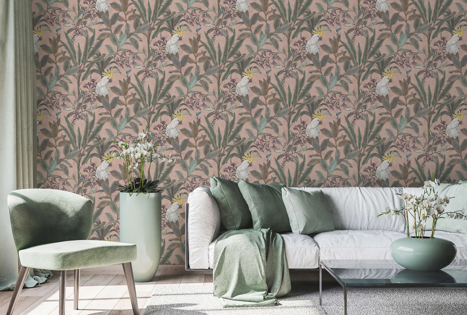             Non-woven wallpaper jungle with cockatoo in vintage look - pink, green, purple
        