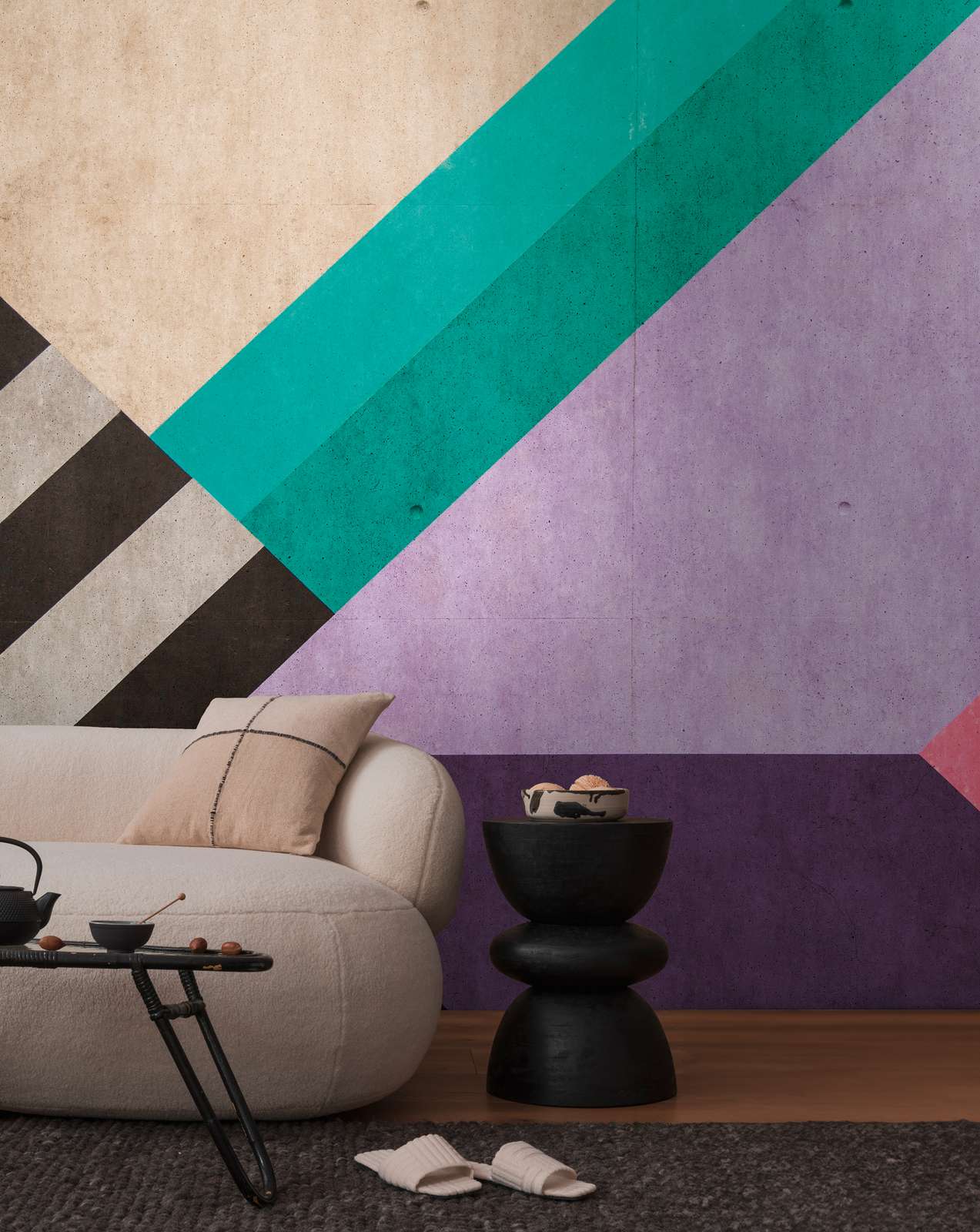             Graphic photo wallpaper with dynamic line textures as non-woven wallpaper - colourful, purple, black
        