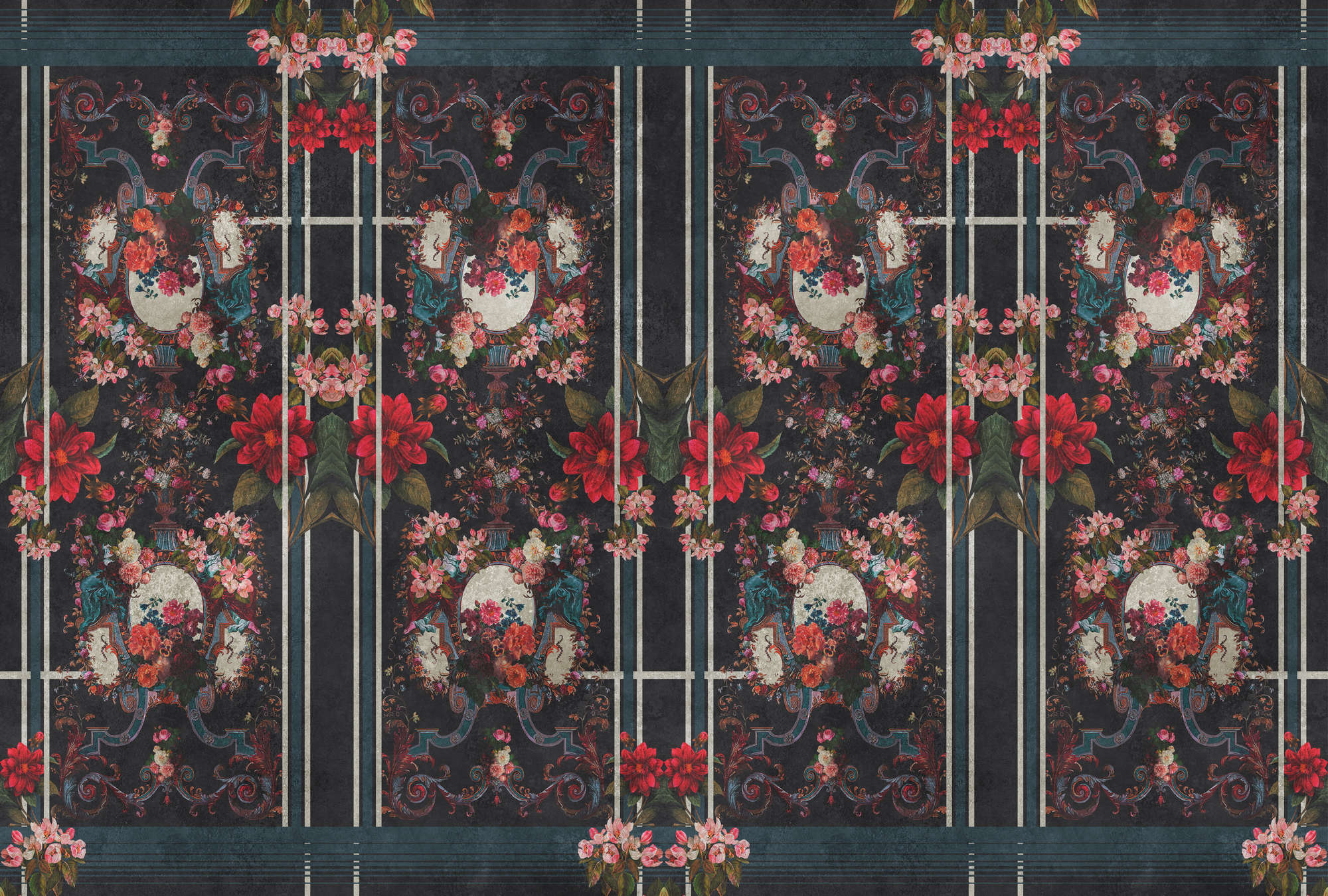             Fotomural »victoria« - Revestimiento ornamental con diseño floral sobre textura de yeso vintage - Verde oscuro | Material sin tejer liso, ligeramente nacarado
        