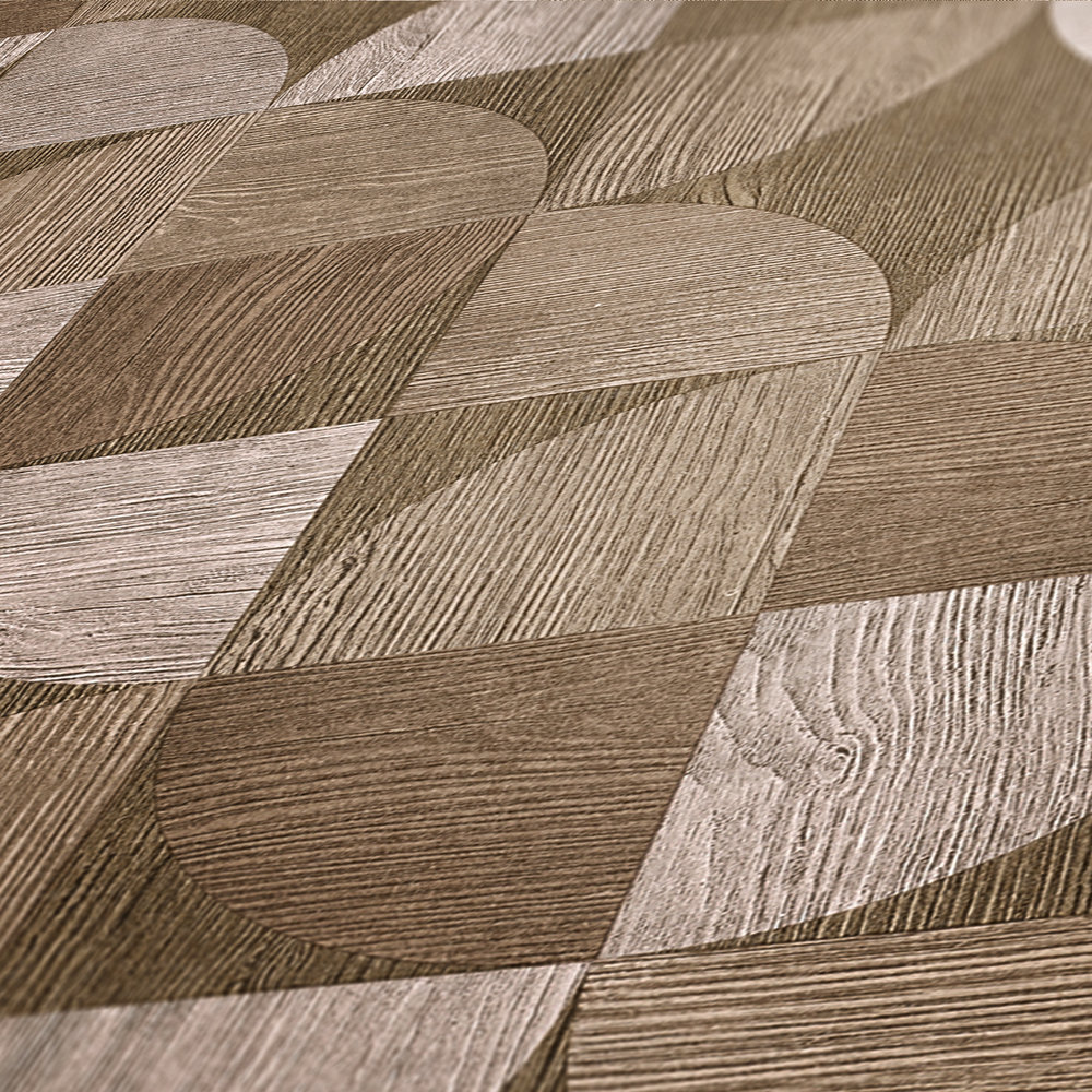             Wallpaper with graphic pattern in wood look - brown, beige
        