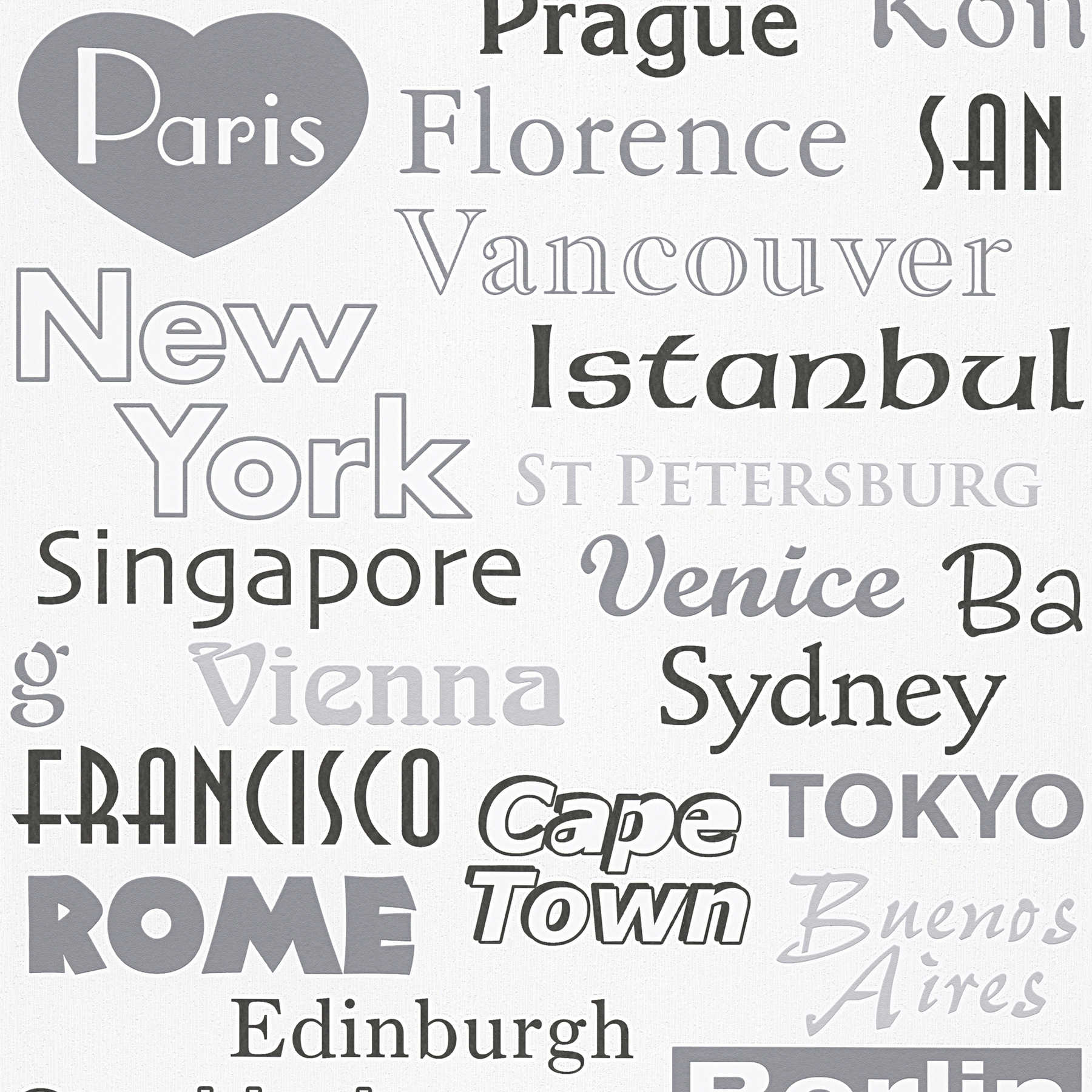         Non-woven wallpaper cities, typography & destinations- grey, brown, white
    