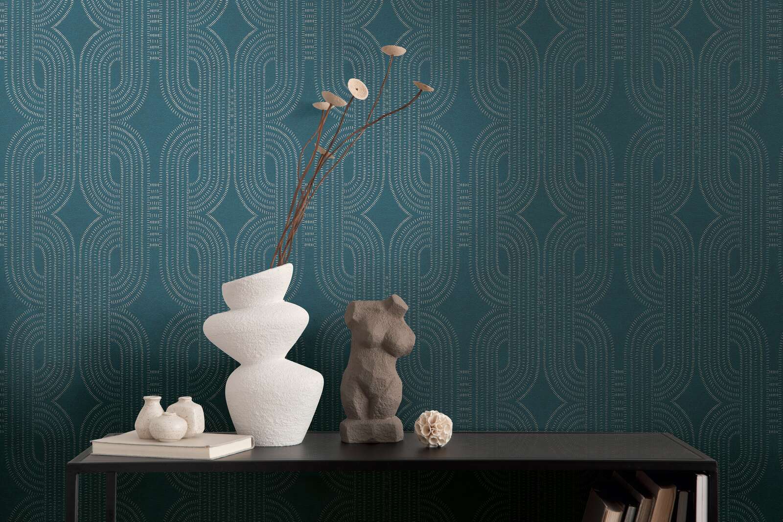             Non-woven wallpaper with abstract graphic retro pattern - blue, green, beige
        