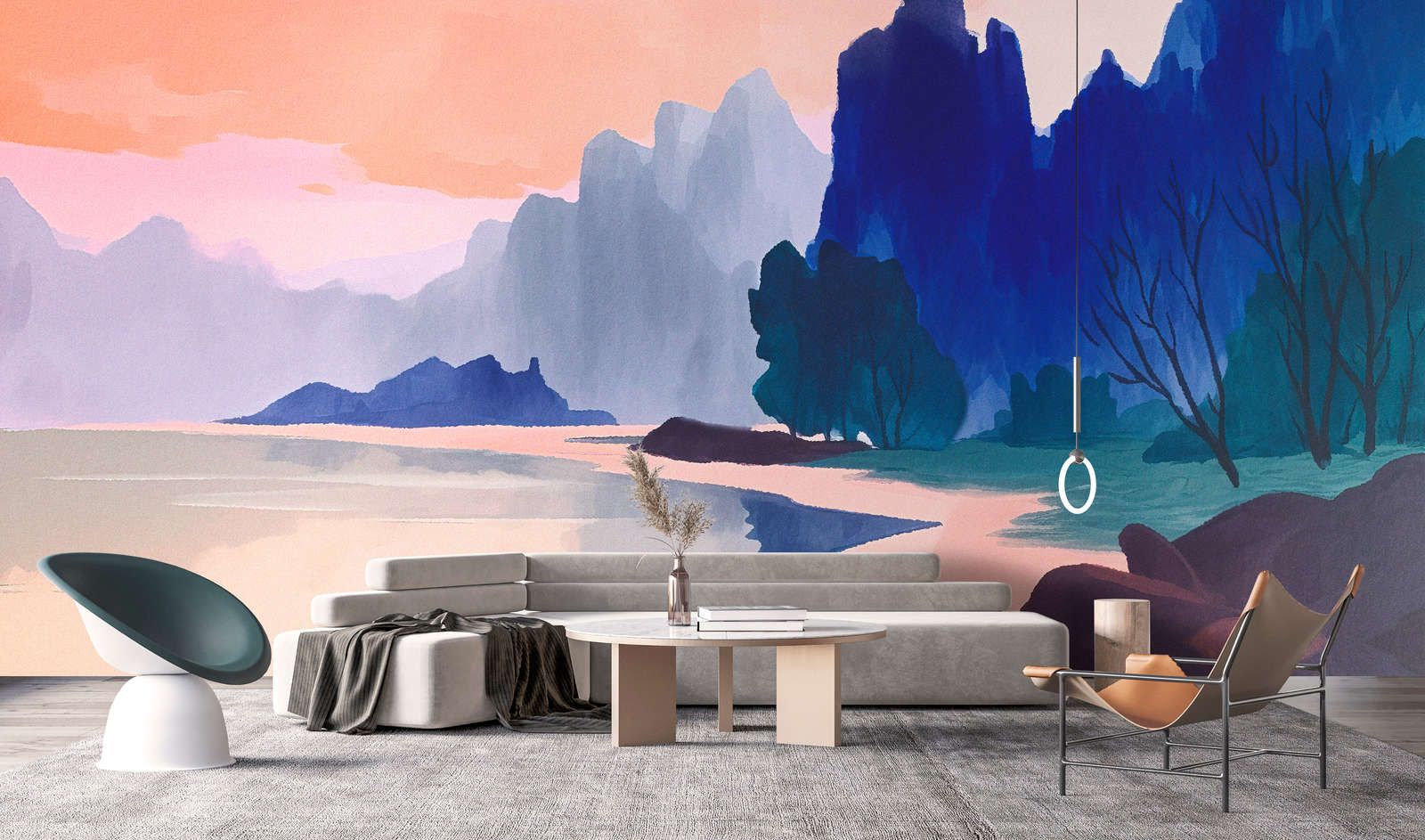             papier peint en papier panoramique »aurora« - Paysage avec lac au coucher du soleil - bleu, rose | Revêtement mural intissé mat, lisse
        