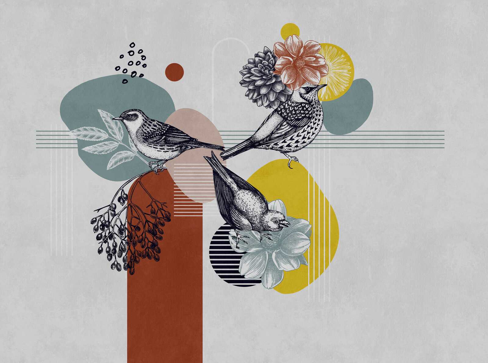             Photo wallpaper with abstract bird and flower motif on a neutral background - Colourful, grey, orange
        