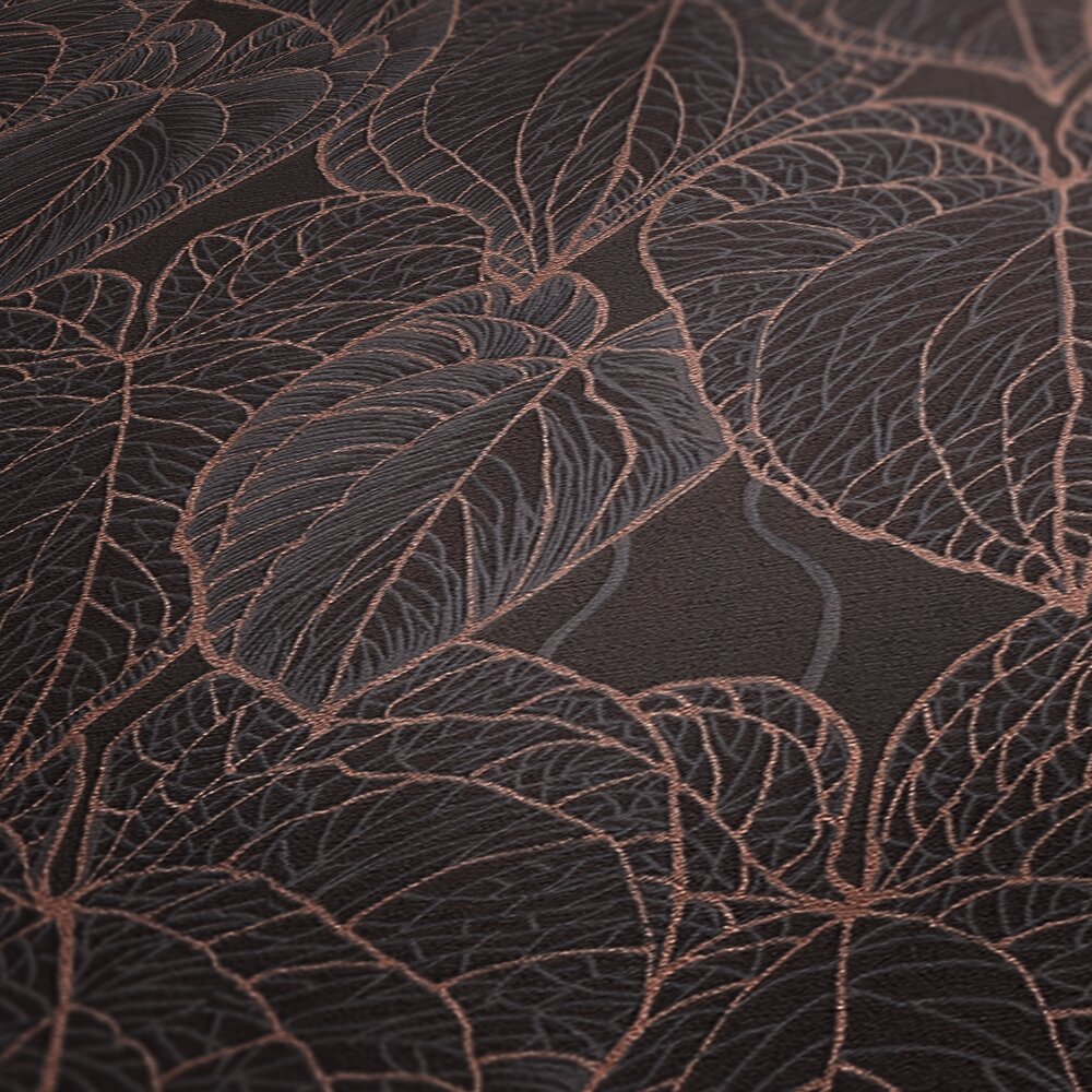             Daniel Hechter Elegant non-woven wallpaper with leaf pattern on black background with metallic accents - brown, black, gold
        