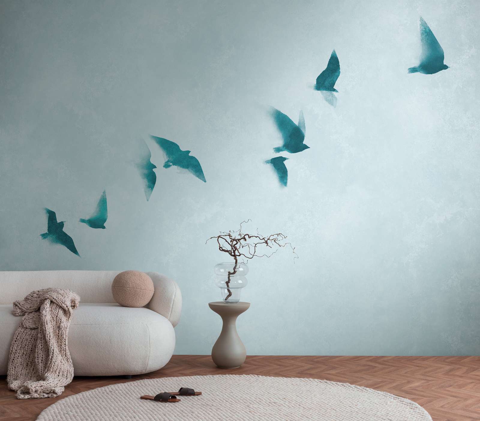             Calming photo wallpaper with flying birds in the sky as non-woven wallpaper - blue
        