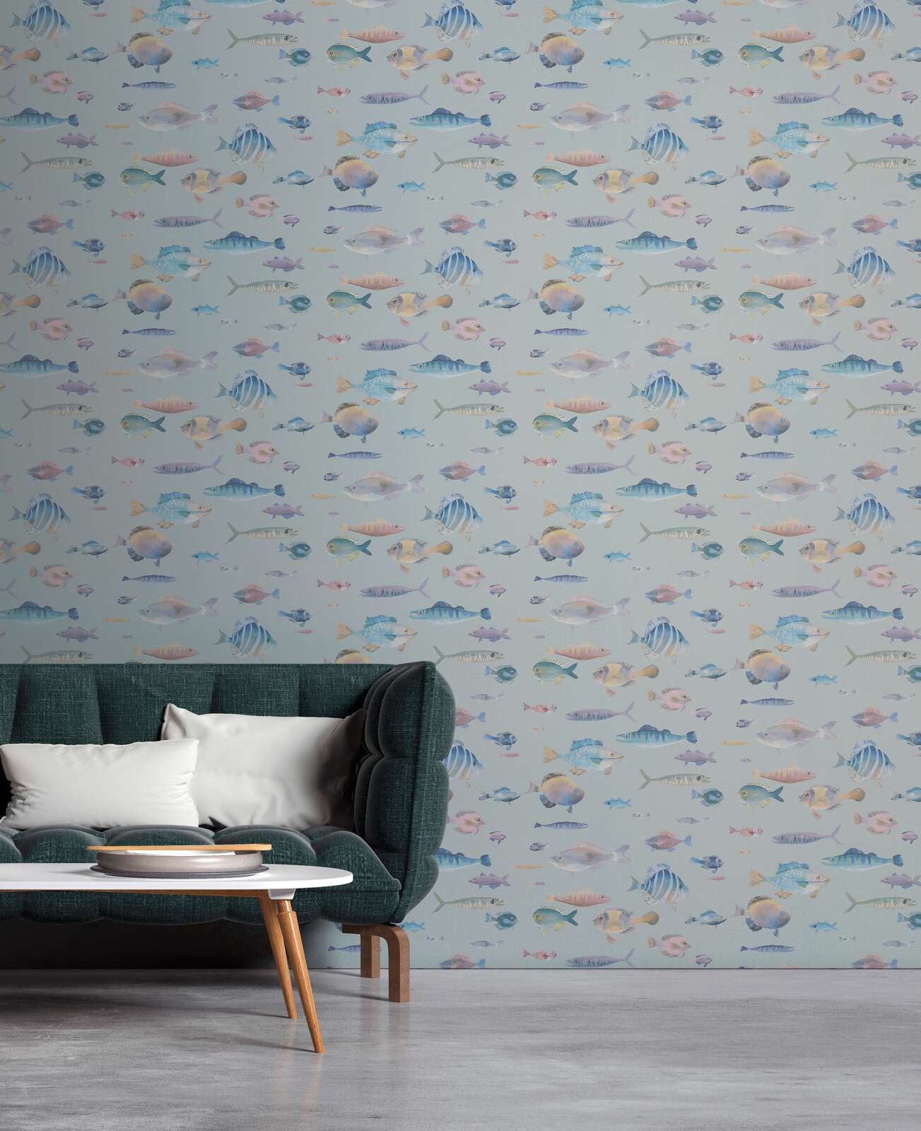             Non-woven wallpaper with sea fish in a maritime design - grey, multicoloured, purple
        