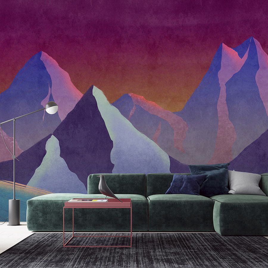 Digital behang »altitude 1« - Abstracte bergen in neonkleuren met vintage pleisterstructuur - Licht geweven stof met structuur
